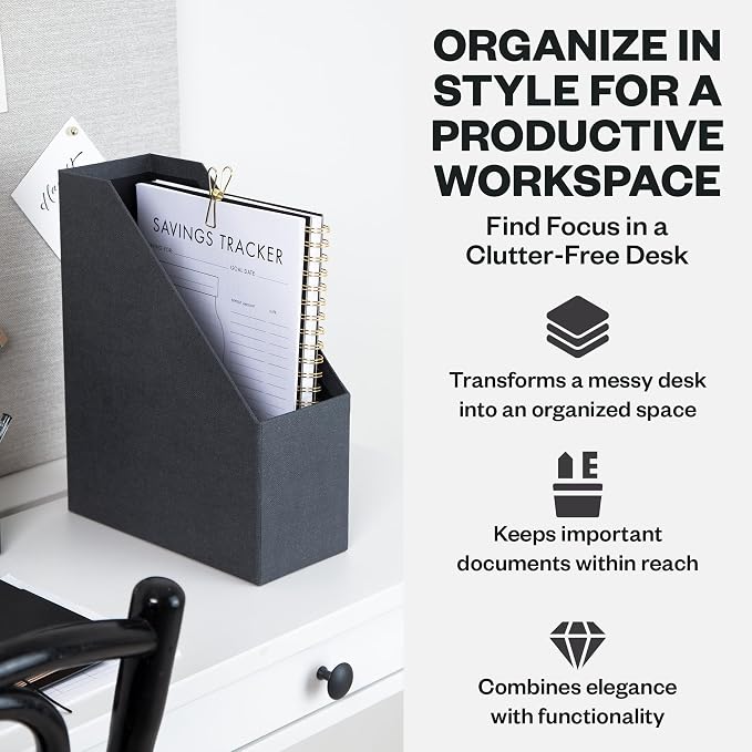 Bigso Estelle Fibreboard Magazine Holder with Leather Handle - Magazine File Holder and Organizer for Papers and Catalogs on Home or Office Desks - W4.4 x D9.8 X H12.7 (inches) - Black