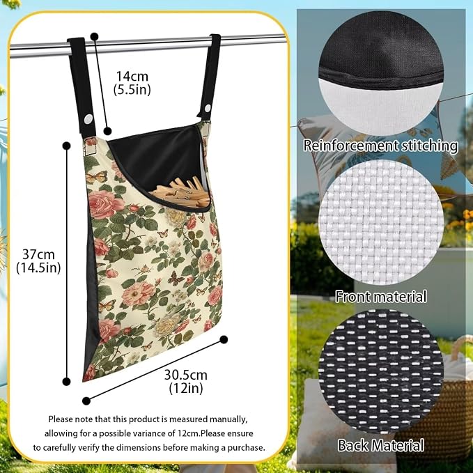 Art Flowers Clothespin Pouch Clothespin Bag with Hanging Hook Waterproof Clothes Pin Hanging Bag Space-Saving Clothespin Storage Organize Clothespin Bag for Clothesline Outdoor