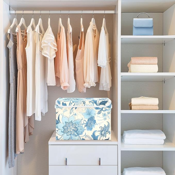 Blue Line Flowers Lidded Storage Bins with Handles - 16.5"x12.6"x11.8" Foldable Organizing Box, Oxford Fabric & Honeycomb Board, Dust-Proof Flip Lid for Closet/Office