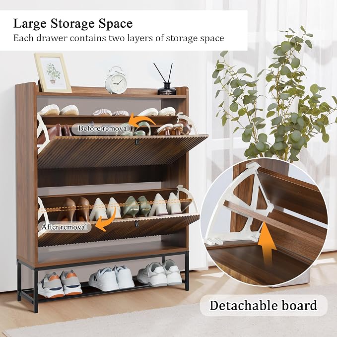 RARZOE Set of 2 Fluted Shoe Cabinets for Entryway with 2 Flip Drawers, Narrow Wood Shoe Cabinet with Fluted Panel, Freestanding Hidden Shoe Rack with Metal Legs for Foyer,Hallway(31.5''Walnut)
