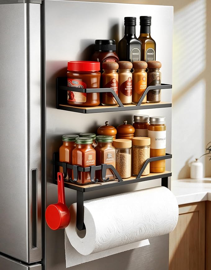 DELITON Magnetic Paper Towel Holder with Shelf - 2 Pack Wall Mount or Magnet Spice Rack for Kitchen Refrigerator RV