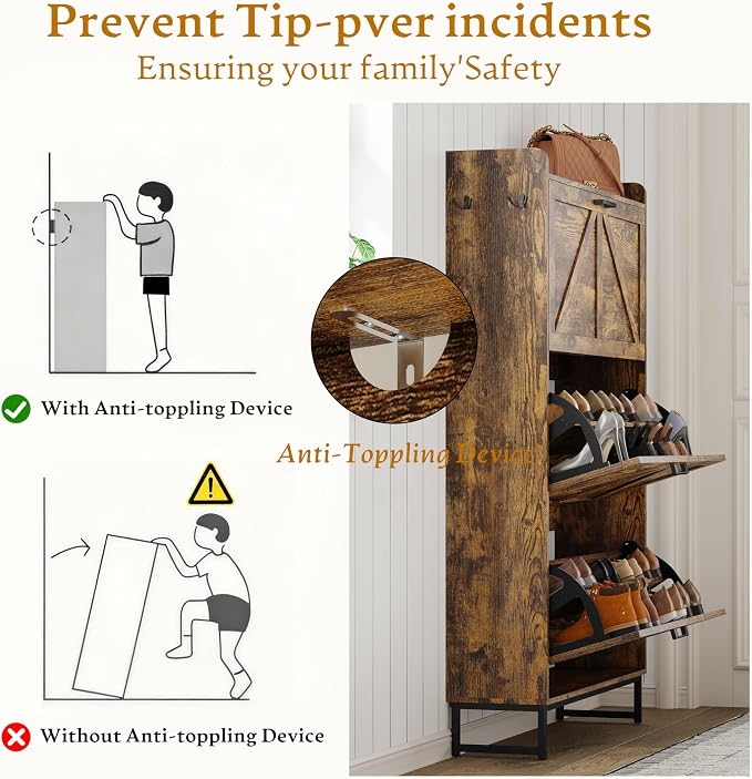 Wodeer Shoe Cabinet Storage for Entryway, Shoe Storage Cabinet with 3 Flip Drawers, Freestanding Narrow Shoe Rack Organizer with Metal Legs & Side Hook for Foyer, Hallway, Brown