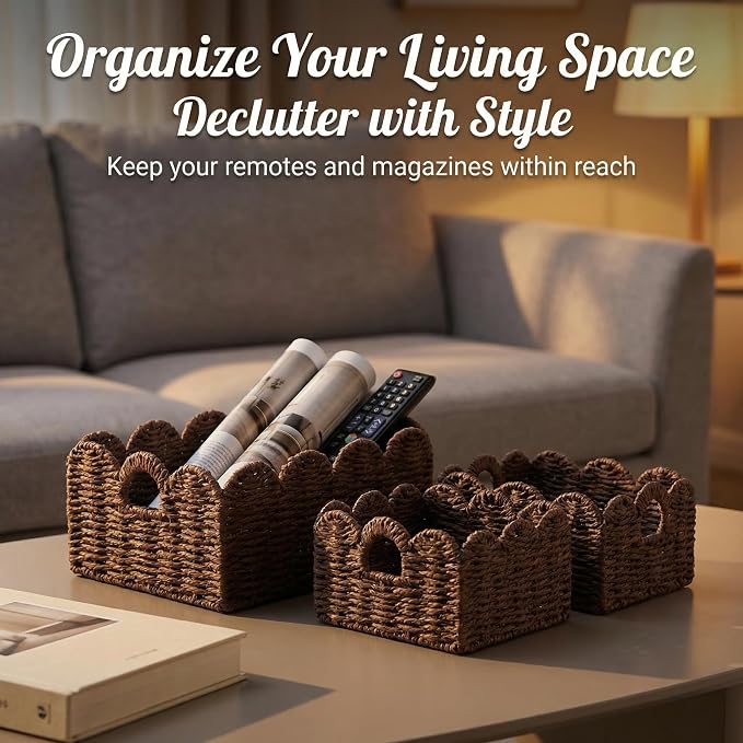 Scalloped Wicker Baskets, Set of 3 Hand-Woven Storage Baskets with Handles - Paper Rope Shelf Organizers & Decorative Baskets for Shelves, Closet, Bathroom (Brown）