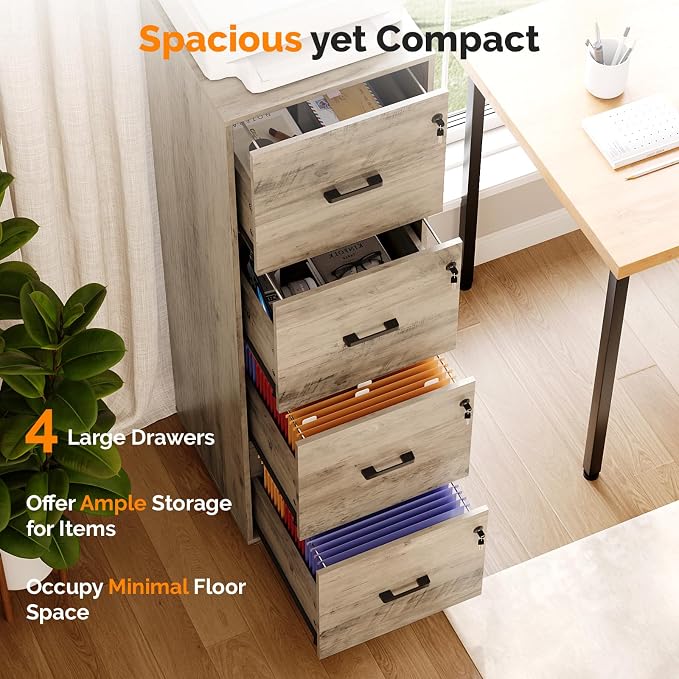 VINGLI 4 Drawer File Cabinet with Lock, Home Office Filing Organizer, for Letter Size File Folder Storage, Wood Tall Vertical Filing Cabinet, Printer Stand, Archivador (Rustic Gray)