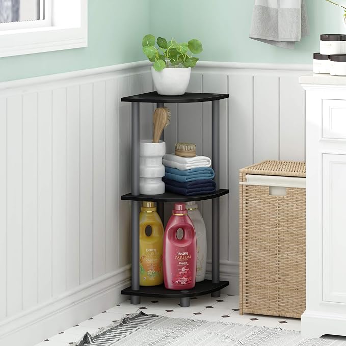 Furinno TURN-N-TUBE Corner Shelf, 3-Tier Corner Bookshelf, Display Storage Shelves with Open Shelves, for Organization and Storage, Living Room, Home Office, Garage, Black