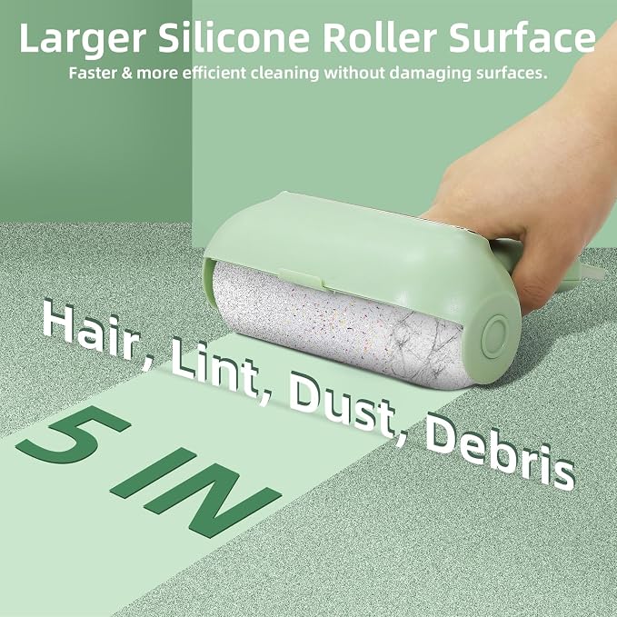 Reusable Lint Roller for Pet Hair Extra Sticky, Washable Silicone Lint Roller Reusable for Clothes, Mini Travel Size Portable Sticky Lint Roller with Handle & Hanging Loop, Green 1 Pack
