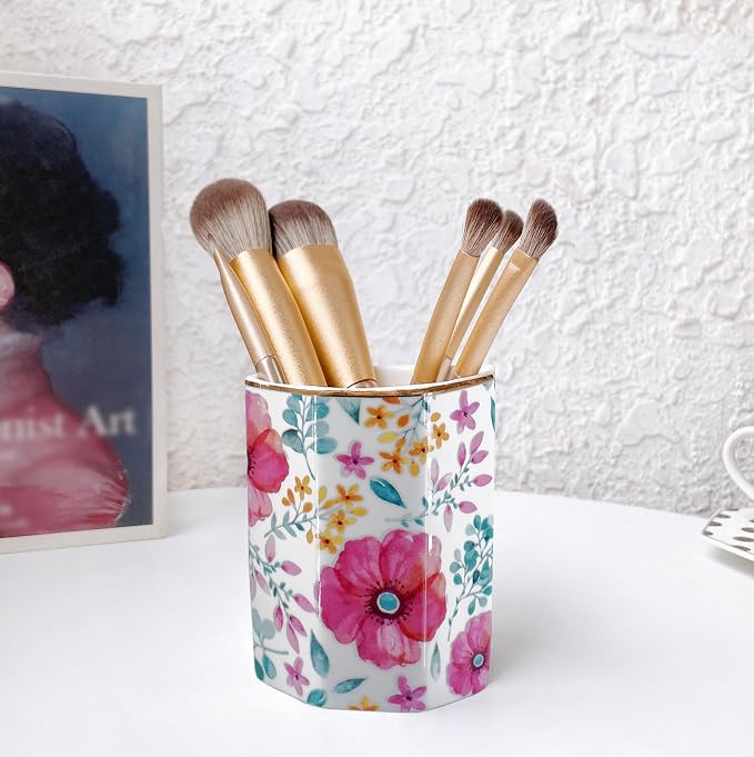 Pen Holder, Makeup Brush Holder Ceramic Shiny Gold Spring Floral Pattern Pencil Cup for Girls Kids Women Durable Stand Desk Organizer Storage Gift for Office, Classroom, Home (Purple Red)