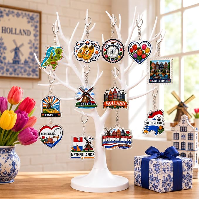 12Pcs Netherlands Keychain Souvenir Set Acrylic Holland Amsterdam Travel Key Ring Charms with Dutch Windmill Tulip Wooden Shoes Design Aesthetic Bag Pendant Party Favors Gift for Backpack Key Decor