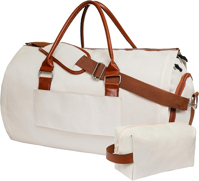 Convertible Garment Duffel Bag for Travel, Large Carry On Weekender Bag with Hanging Clothes Feature, Overnight Travel Duffle Bag for Women with Shoe Compartment (Beige)