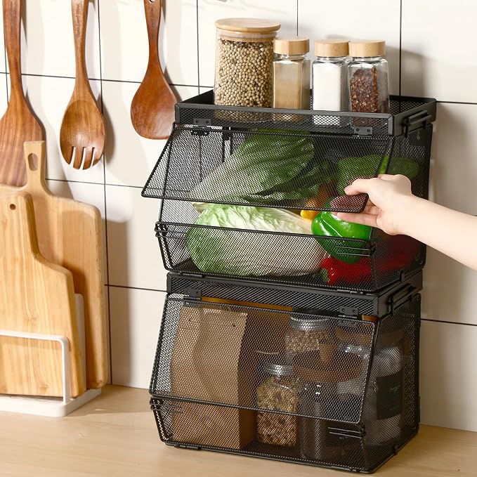 Teenyyou 2 Pcs Stackable Mesh Fruit Basket with Lid Wall Produce Vegetable Storage Basket Onion Potato Hanging Metal Wire Container for Kitchen Counter Pantry(Removable,Black,7.1" w & 11.8" l)