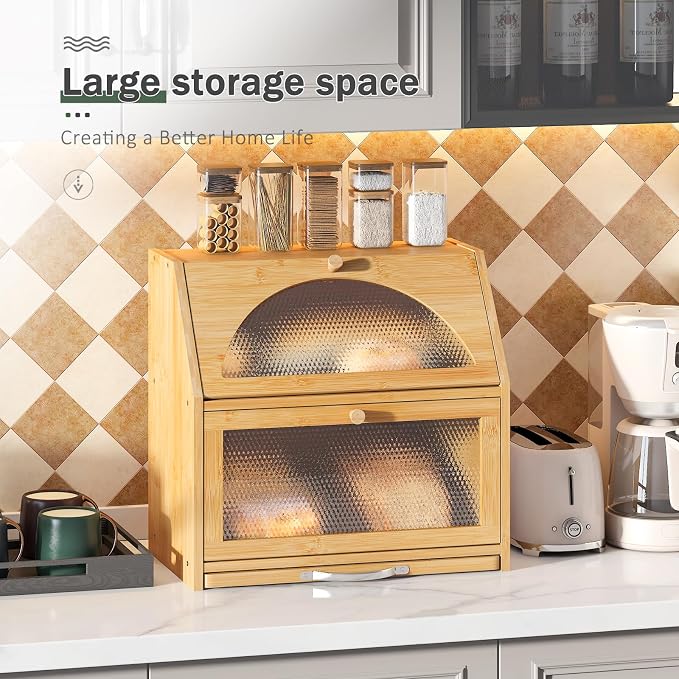 STDDRE Bamboo Bread Box with Cutting Board, Double Layer Extra Large Bread Storage Bin with Door Panel for Kitchen Counter (Natural)