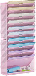 Marbrasse Wall File Holder 11-Tier Hanging Wall File Organizer, for Papers, Files Clipboard & Magazine Organizer, Wall Mount File Holder Great for Office Home (Pink)