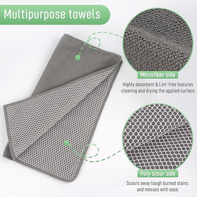 SINLAND Absorbent Microfiber Dish Cloths for Washing Dishes Best Kitchen Washcloth Cleaning Cloths with Poly Scour Side 12Inchx12 Inch 5 Pack, Grey