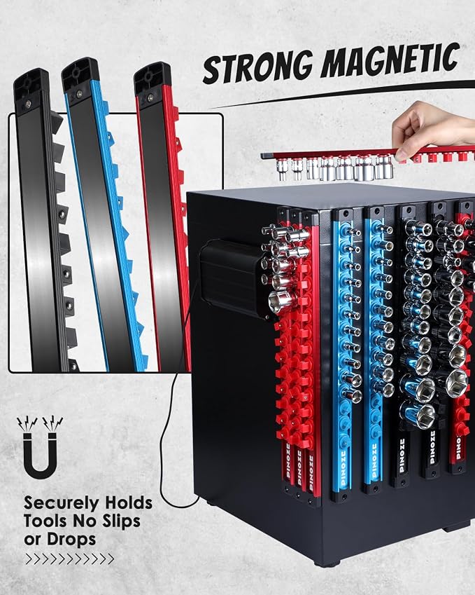 PINOZE 8PCS Magnetic Socket Holder Organizer Set - 1/4, 3/8, 1/2 - Aluminum Alloy Socket Rail Trays for Tool Box Drawer, Socket Rack Kit with 114Pcs Clips for Automotive Garage(Blue Red Black)