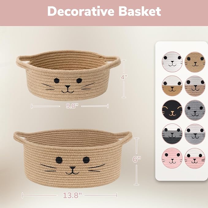 Cute Cat Toy Basket, Small Woven Basket for Nursery, 9.8"x4" | Decorative Basket for Cats Dogs Toys Storage, Cat Basket With Handles, Pet Gift Basket for Living Room, White & Pink