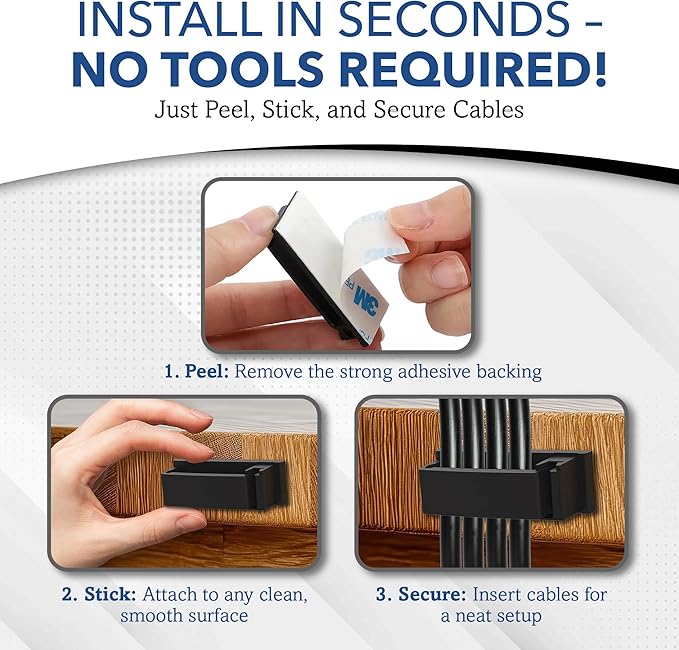 100 PCS Self Adhesive Cable Clips, Wire Organizer, Cable Management, Cord Organizer for Desk, Wall, PC, Car, Home, Office, USB, Ethernet, Power Cords, Black (Small)