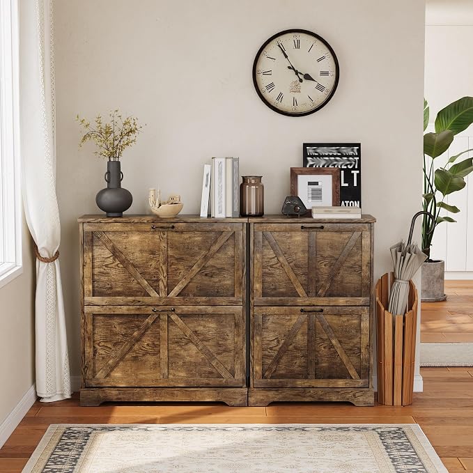 Semiocthome Farmhouse Shoe Storage Cabinet with 2 Flip Drawers, 31.5"(W) Freestanding Shoe Organizer with Barn Door and Metal Handles for Entryway, Corner Narrow Shoe Rack Cabinet - Rustic Brown