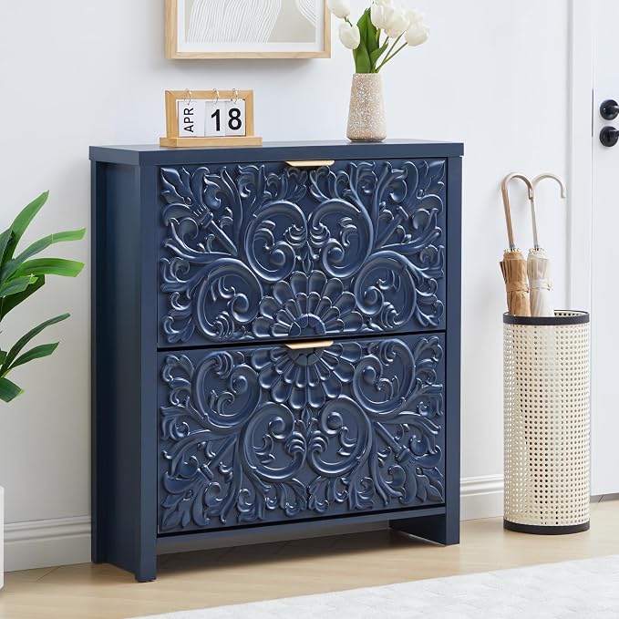weselon Flip Drawer Shoe Cabinet Set of 2, Narrow Shoe Storage Cabinet, 2-Tier Hidden Shoe Organizer with Carved Floral for Entryway, Slim Shoes Storage for Hallway Foyer (2, Midnight Blue)