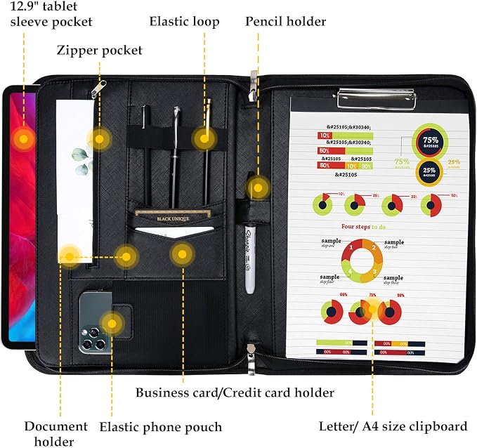 ProCase Portfolio Business Padfolio Folder with Handle and Zipper -Allblack | Conference Meeting Executive File Legal Document Organizer with Pockets Letter Size A7 Writing Pad Notepad Padfolio