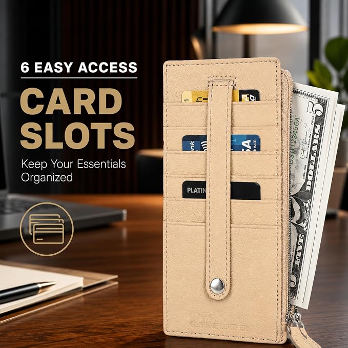 Leatherboss Genuine Leather Women's All in One Credit Business Card Case Holder Slim Zipper Wallet With a Card Protection Strap, Beige