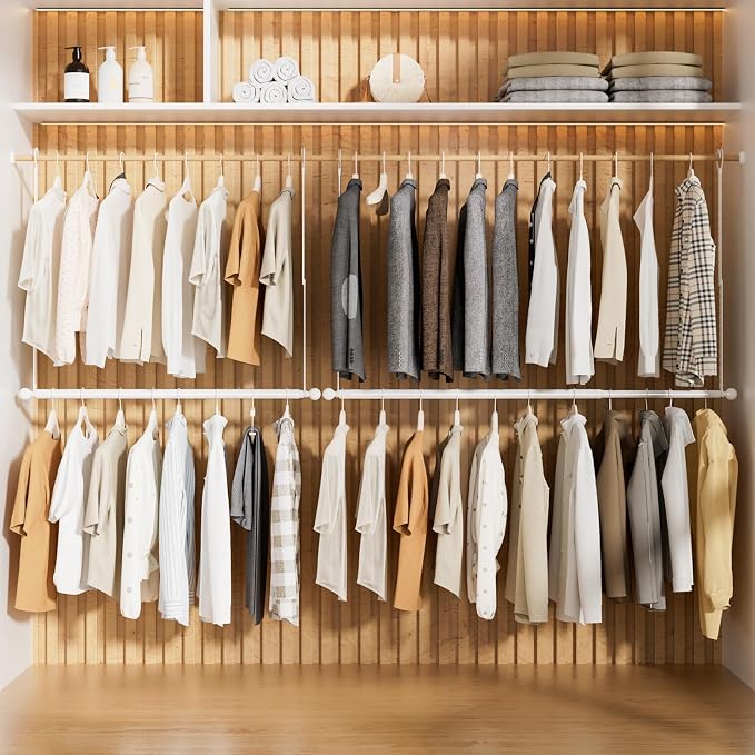 SUTINE Closet Rods for Hanging Clothes, Adjustable Closet Extender Hanging Rod, Space-Saving Closet Rod Extender Clothes Hanging Bar, Closet Poles for Hanging Clothes Organizer (White, 31.5-47.2 IN)