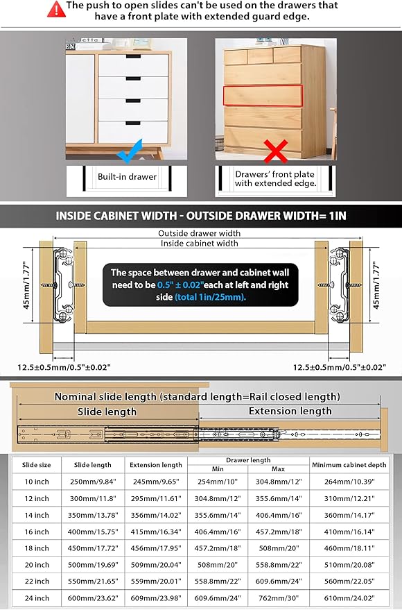 YENUO Push to Open Drawer Slides Full Extension 12–24 Inch 100 LB | Side Mount Heavy Duty Touch Release Drawer Glides Rails Ball Bearing 12–24 Inch for Kitchen Dresser Hardware Cabinet 1 Pair