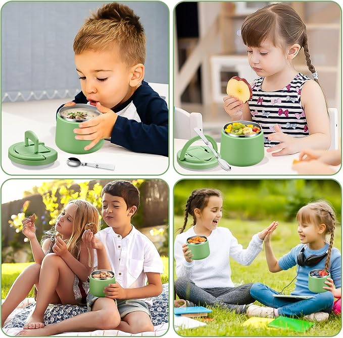 14oz Insulated Vacuum Food Jar with Buckle Lid,Soup Thermo for Hot Food Kids,Wide Mouth Leakproof Stainless Steel Lunch Container with Spoon-Green