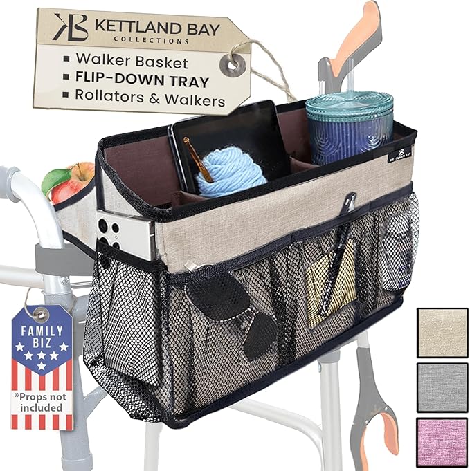 Walker Basket for Folding Walker with Flip-Down Walker Tray | Handy Cane/Reacher Strap & Cup Holder | Walker Bags for Folding Walker with Wheels, Organizer for Walker Accessories for Walker Caddy-SAND