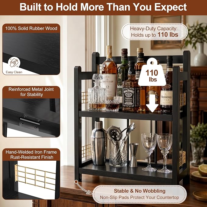No-Assembly Coffee Bar Organizer, 2-Tier Coffee Station Shelf | Foldable Oak Wood Shelf, Coffee Station Accessories Storage for Syrup & Pods, 3 Hooks for Mugs, Kitchen Spice Rack, Black