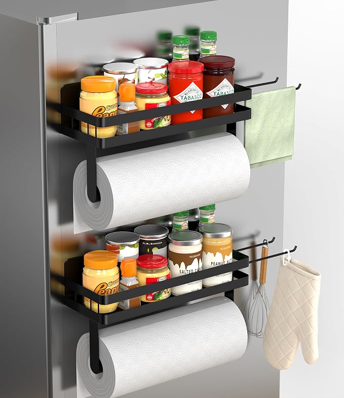 ZUNTO Strong Magnetic Paper Towel Holder for Fridge, Multifunctional Spice Rack Organizer with 2 Detachable Hooks, No Drilling Kitchen Storage for RV & Bathroom, Black
