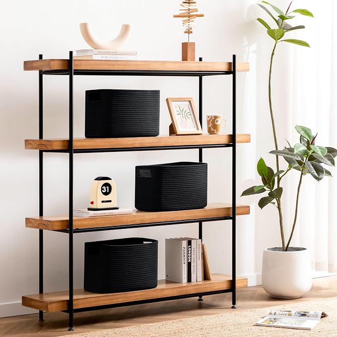 4 Pack Storage Baskets for Organizing, Shelf Baskets with Handles, Black | 14.5"L x 9.8"W x 9"H, Woven Basket, Cotton Rope Basket, Toy Storage, Cube Shelf, Gift Baskets Empty, Home Decor