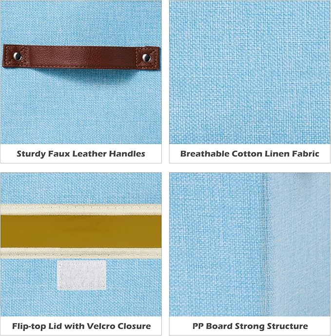 Storage Boxes with Lid Cotton Linen Fabric Storage Bins Organizer Container Decorative Collapsible Washable Shelf Baskets Faux Leather Handles for Home Bedroom Closet (Light Blue, Small)
