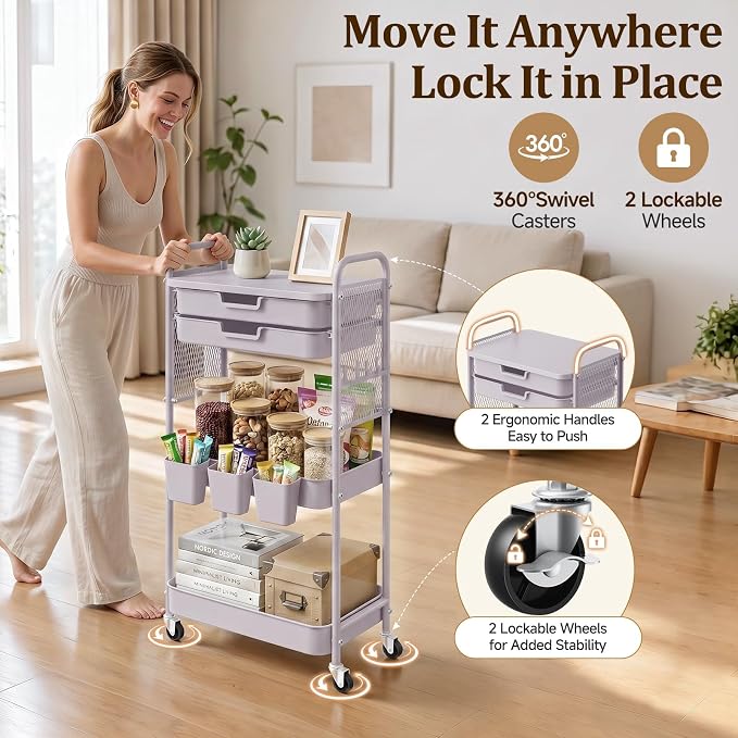 3 Tier Rolling Cart with 2 Drawers, Metal Utility Storage Carts with Wheels | Kitchen Rolling Cart 4.5" Deep Basket, Mesh Side Panel with 3 Cups, 4 Hooks for Office, Bedside, Craft Storage Cart