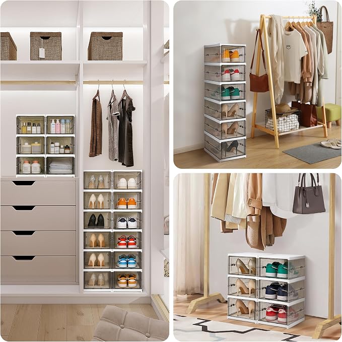 Foldable Shoe Rack, With Clear Door, Freestanding Shoe Shelf 6-Tier, Grey | No assembly, Breathable dustproof, Stackable, Front-open door, For closet, entryway, bedroom,