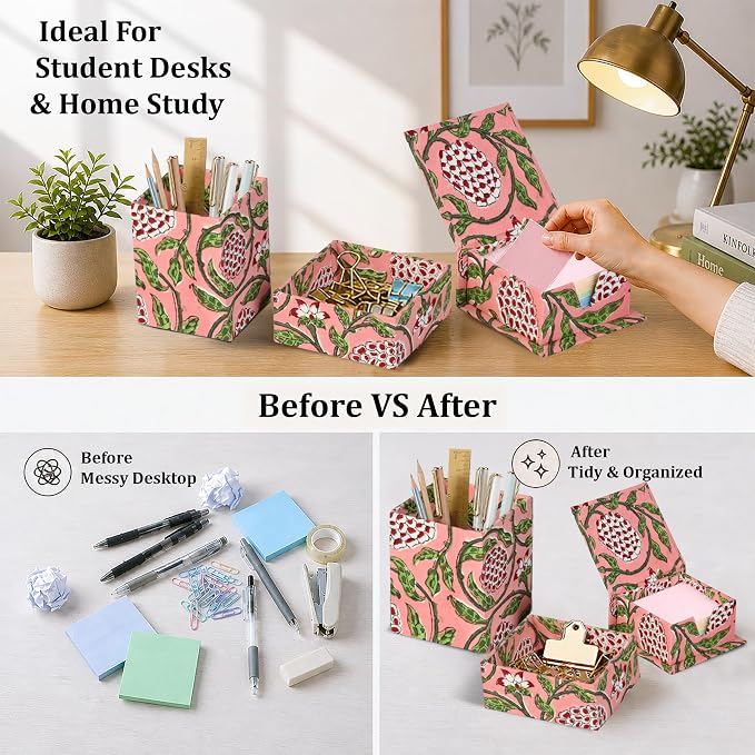 Ridhi Strawberry Pink Block Print Handmade Office Desk Organizer Pen and Sticky Note accessories Holder Cute, Aesthetic, Decor workspace Caddy Gift for Office, Teachers, Professionals, Students