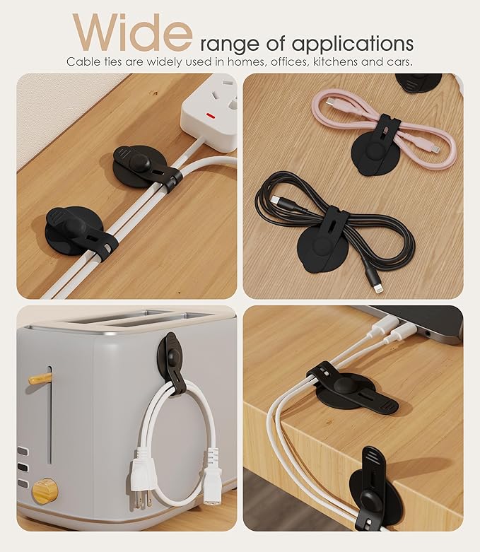 Nearockle Cable Management Under Desk, Adjustable Self-Adhesive Silicone Cable Ties Cord Organizer, Reusable Heavy-Duty Cord Holder Under Table for Office, Home, School (10Pcs-Black)