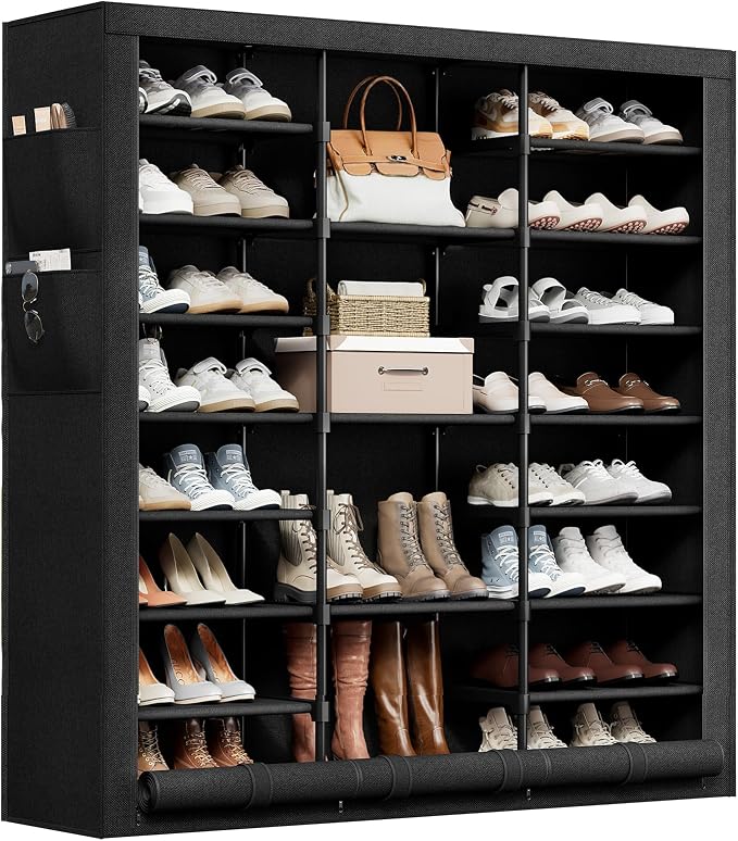 9 Tier Shoe Rack with Cover, Cabinet for 55 Pairs, Black | Large family capacity for boots/heels/sneakers. Reinforced stability. Slim footprint, corner-friendly. Quick no-tool setup.