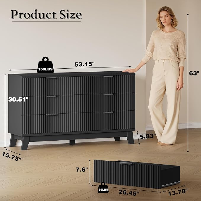 BORNOON 53" Long Dresser for Bedroom, 6-Drawer Dresser with Fluted Fronts, Wide Wood Chest of Drawers, Smooth Metal Slides, Stable Base, Modern Clothes Storage Cabinet for Living Room, Hallway
