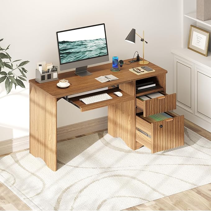 Bestier 55" Office Desk with Locking File Drawer & Charging, Brown | Partitioned Storage & Cable Management,Oak,Easy Assembly,Smart Fingerprint Drawer Lock,Wear-Resistant Easy-Clean Desktop