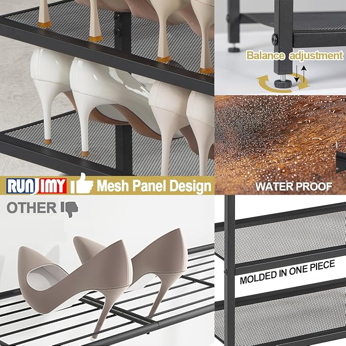 Small Narrow Shoe Rack for Entryway, 3-Tier Metal Wood Shoe Shelf | Shoe Storage Organizer, Holds 6 Pairs, Wooden Table Top, Mesh Shelves, for Front Door Entrance Closet Floor Hallway Bedroom