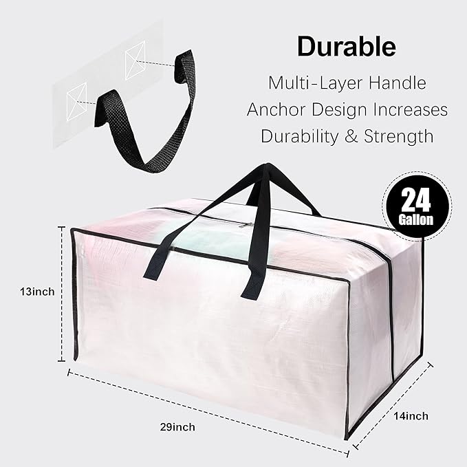 VELVETSURE 6 Pack Heavy Duty Large Moving Bags W/Backpack Straps - Strong Handles & Zippers, Storage Totes For Space Saving, Fold Flat, Alternative to Moving Box and Storage Bin, Semi-Transparent