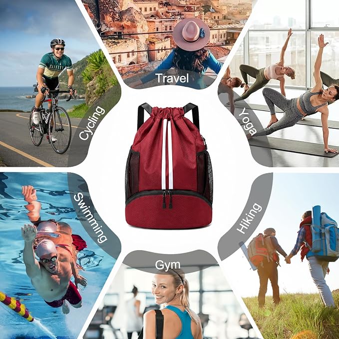 Hoedia Sports Drawstring Backpack - Swim Gym Bag for Women and Men | String Bag with Shoes Compartment and Wet Proof Pocket, Adjustable Wider Shoulder Strap, For Soccer, Basketabll, Volleyball