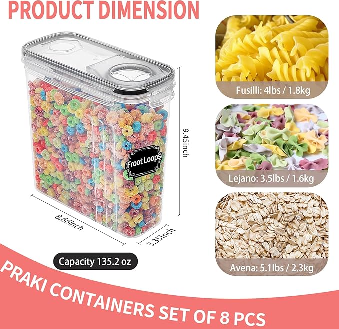 PRAKI Cereal Containers Storage Set (4L,135.2 Oz), 8PCS Airtight Food Storage Containers with Lids for Kitchen & Pantry Organizers and Storage, Cereal Dispensers with 20 labels, Measuring Cup & Marker