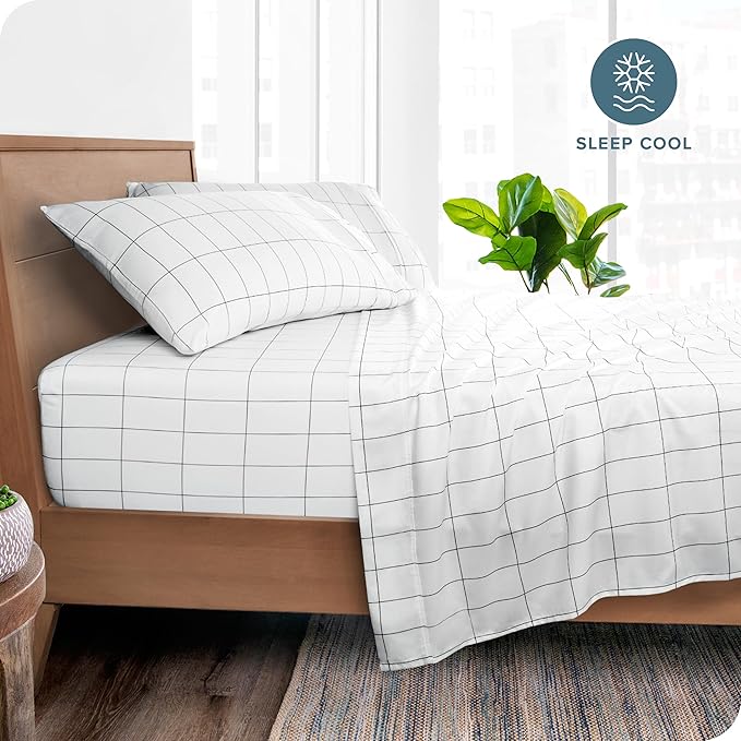 Bare Home Twin XL Sheet Set - College Dorm Size - Luxury 1800 Ultra- Soft Double Brushed Microfiber - Deep Pockets - Easy Fit - 3 Piece Bedding Sheet Set (Twin XL, Grid - White/Grey)