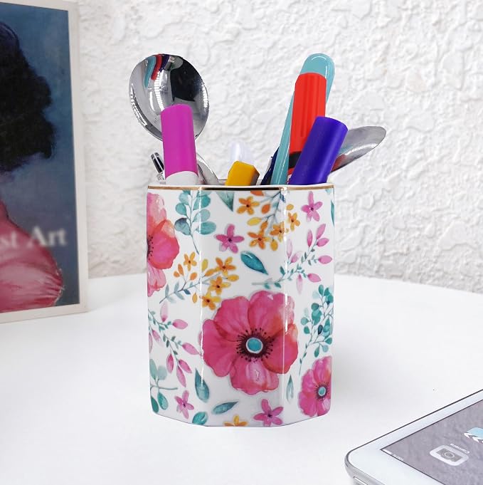 Pen Holder, Makeup Brush Holder Ceramic Shiny Gold Spring Floral Pattern Pencil Cup for Girls Kids Women Durable Stand Desk Organizer Storage Gift for Office, Classroom, Home (Purple Red)