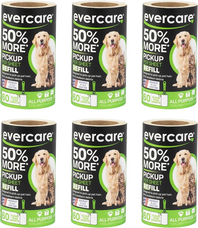 Evercare Pet Lint Roller Refill Extra Sticky All Purpose, 6 Pack, 60 Sheets Each (360 Total)