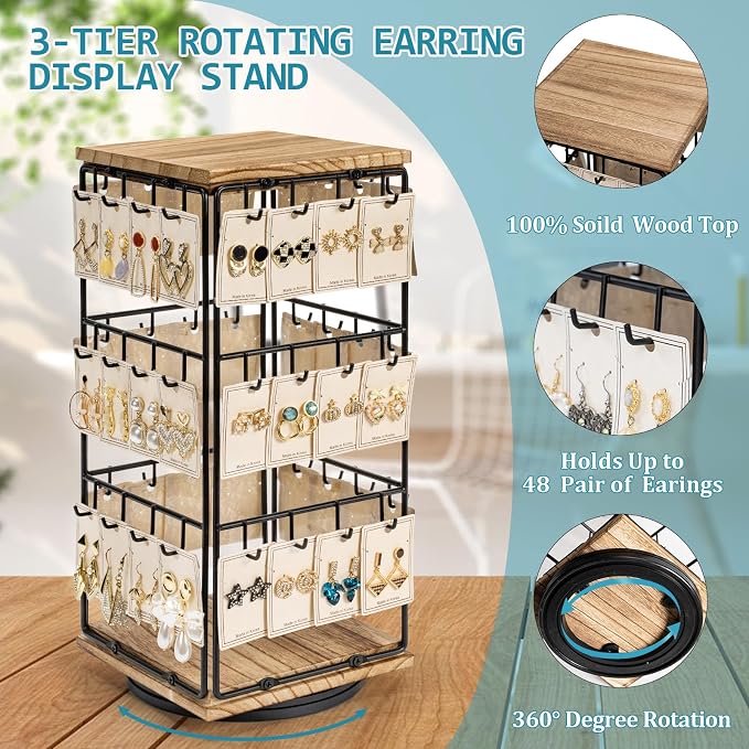 360 Rotating Earring Display Stands for Selling, Earring Rack Display Holder Stand, Jewelry Display for Selling Earring Cards, Necklaces, Rings, Bracelets, Hair Accessories (2 Pack)