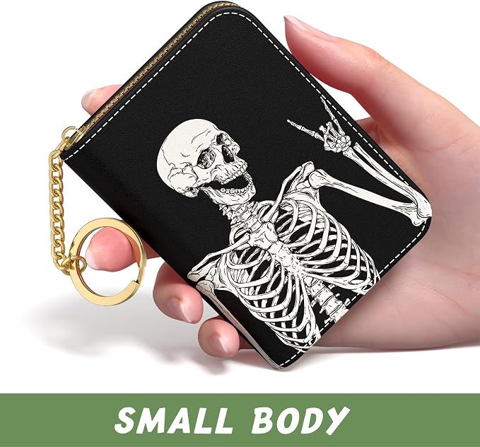 Aiawoxc Credit Card Holder, Small RFID Wallet Slim Leather Card Organizer Case with Zipper and Keychain, Skeleton