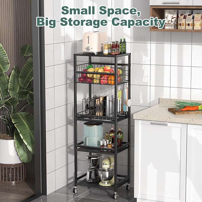 Housolution 5 Tier Kitchen Storage Cart with Fruit Basket Pot Lid Organizer | Versatile Storage, Pull-Out Cutting Board Rack, 4 Lockable Swivel Wheels, Wooden Top, for Kitchen, Pantry, Bathroom, Black