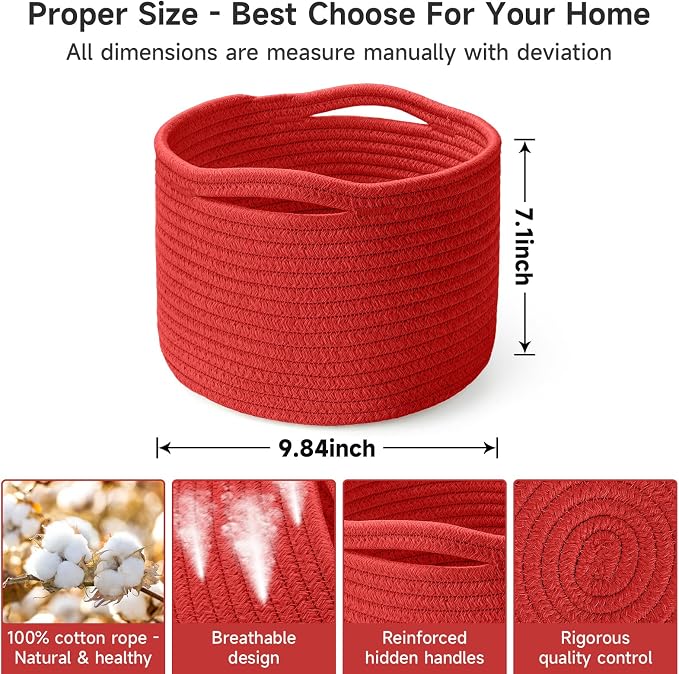 Small Rope Baskets for Storage, Baskets for Gifts Empty, Cute Round Woven Basket, Decorative Shelf Baskets 9.82×9.82×7.1", Cotton Toy Basket Storage Bins for Organizer 3 Packs-Red